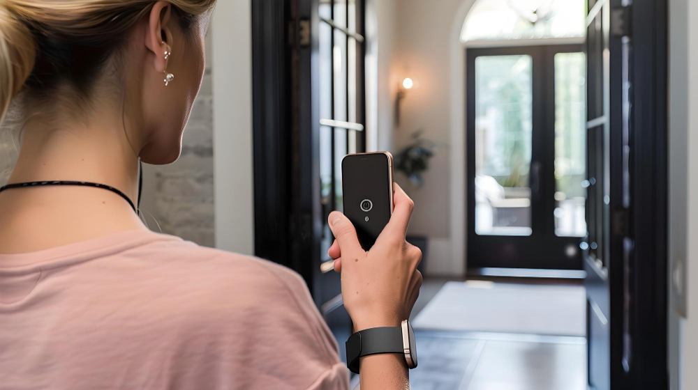 Une femme appelle un objet avec une télécommande connectée